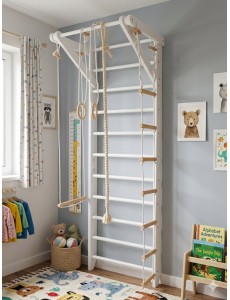 Escalera de pared blanca con accesorios – Centro de fitness doméstico para niños y adultos